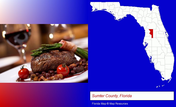 a steak dinner; Sumter County, Florida highlighted in red on a map