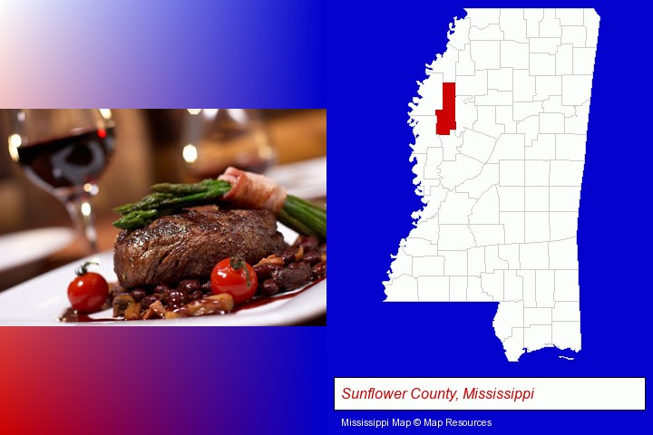 a steak dinner; Sunflower County, Mississippi highlighted in red on a map