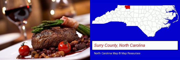 a steak dinner; Surry County, North Carolina highlighted in red on a map