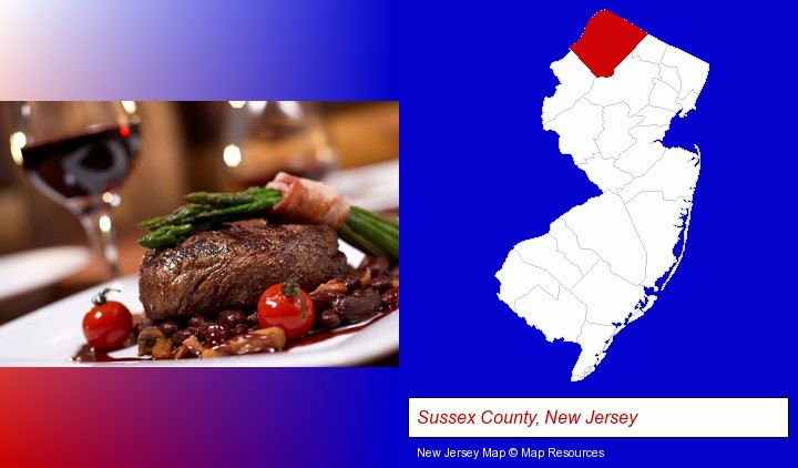 a steak dinner; Sussex County, New Jersey highlighted in red on a map