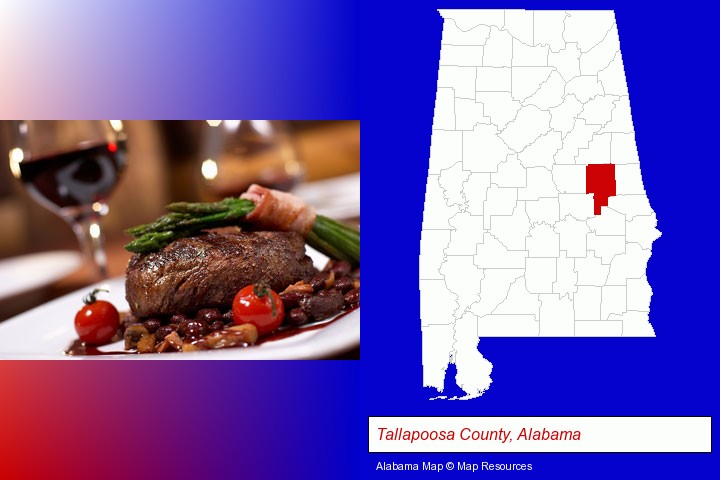 a steak dinner; Tallapoosa County, Alabama highlighted in red on a map