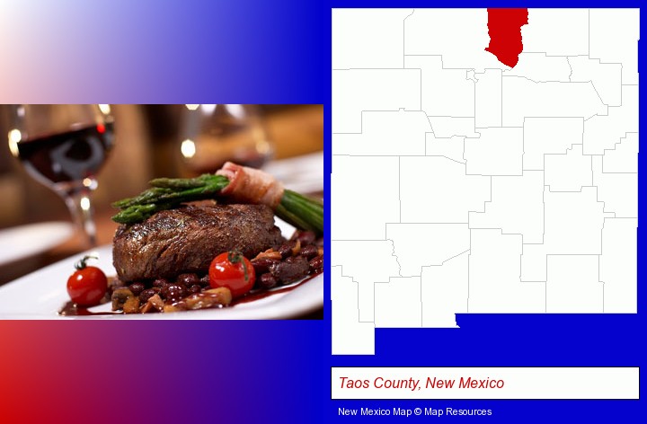 a steak dinner; Taos County, New Mexico highlighted in red on a map