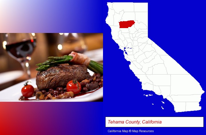 a steak dinner; Tehama County, California highlighted in red on a map