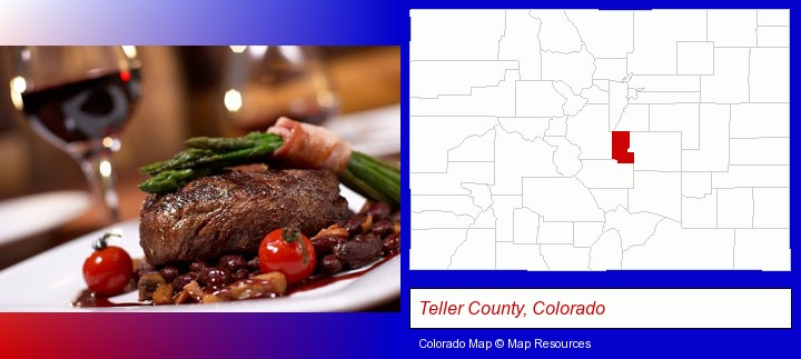 a steak dinner; Teller County, Colorado highlighted in red on a map