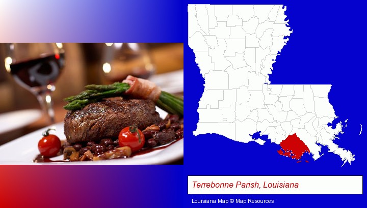 a steak dinner; Terrebonne Parish, Louisiana highlighted in red on a map
