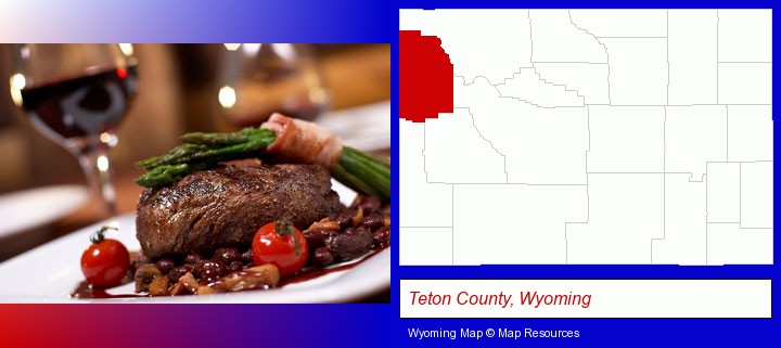 a steak dinner; Teton County, Wyoming highlighted in red on a map