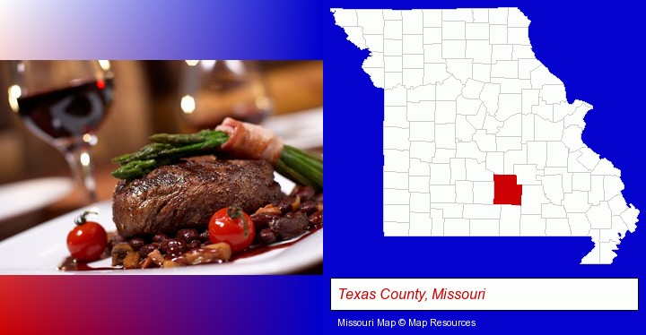 a steak dinner; Texas County, Missouri highlighted in red on a map