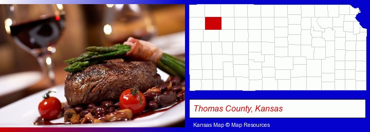 a steak dinner; Thomas County, Kansas highlighted in red on a map