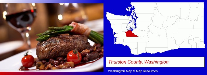 a steak dinner; Thurston County, Washington highlighted in red on a map