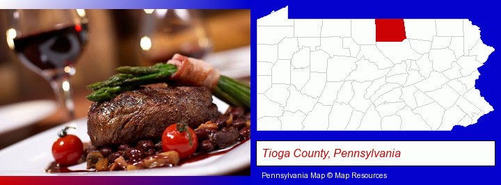 a steak dinner; Tioga County, Pennsylvania highlighted in red on a map