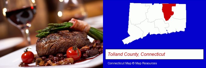 a steak dinner; Tolland County, Connecticut highlighted in red on a map