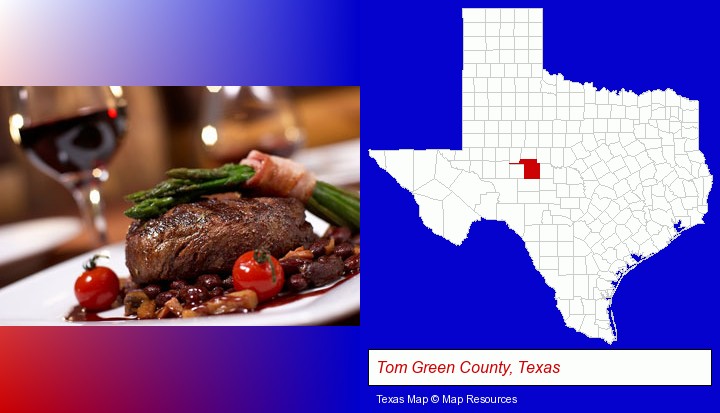 a steak dinner; Tom Green County, Texas highlighted in red on a map