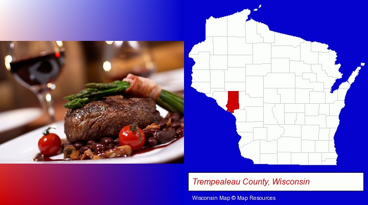 a steak dinner; Trempealeau County, Wisconsin highlighted in red on a map