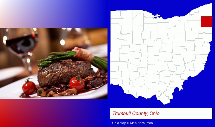 a steak dinner; Trumbull County, Ohio highlighted in red on a map