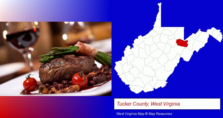 a steak dinner; Tucker County, West Virginia highlighted in red on a map