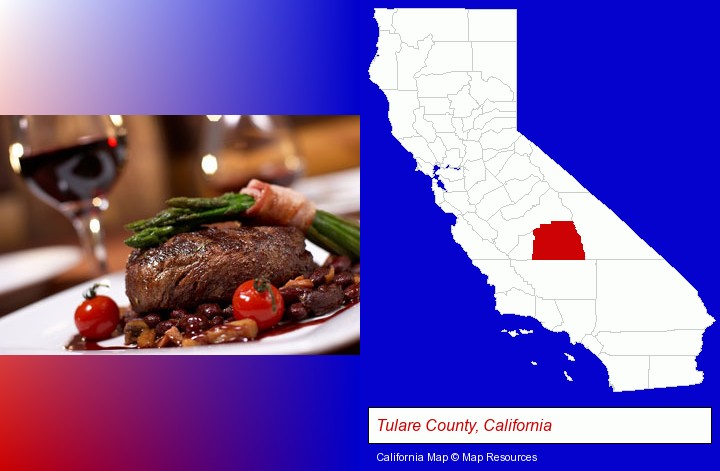 a steak dinner; Tulare County, California highlighted in red on a map