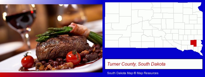a steak dinner; Turner County, South Dakota highlighted in red on a map