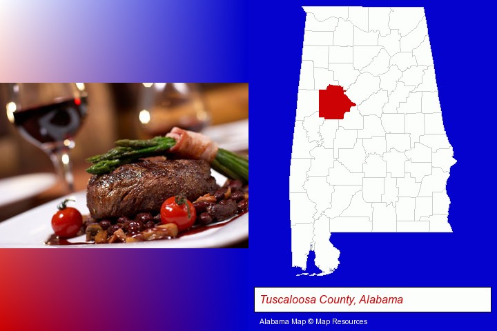 a steak dinner; Tuscaloosa County, Alabama highlighted in red on a map