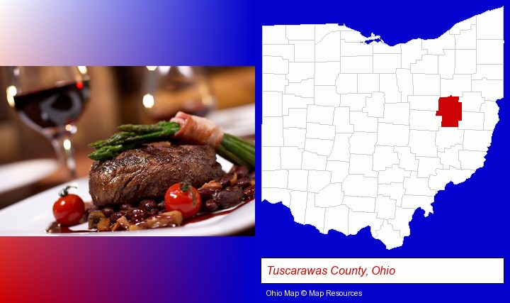 a steak dinner; Tuscarawas County, Ohio highlighted in red on a map