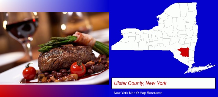 a steak dinner; Ulster County, New York highlighted in red on a map