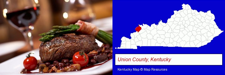 a steak dinner; Union County, Kentucky highlighted in red on a map