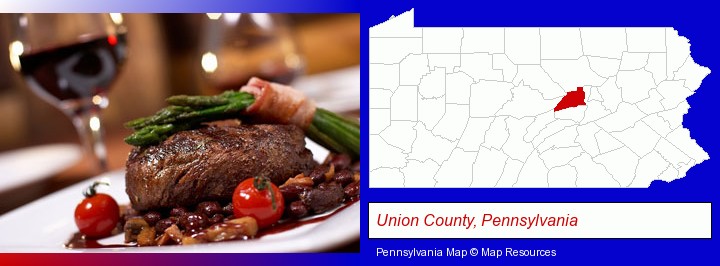 a steak dinner; Union County, Pennsylvania highlighted in red on a map