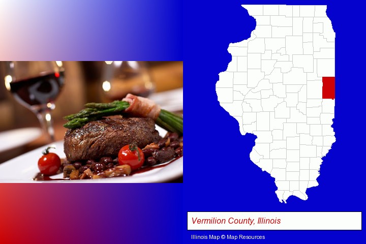 a steak dinner; Vermilion County, Illinois highlighted in red on a map