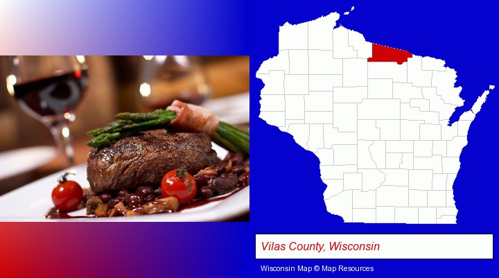 a steak dinner; Vilas County, Wisconsin highlighted in red on a map