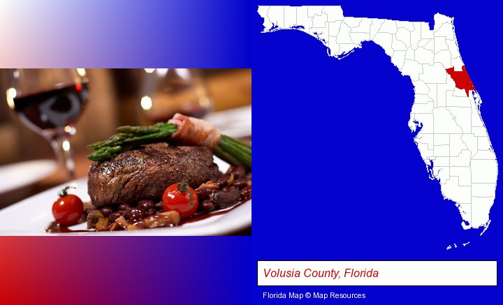 a steak dinner; Volusia County, Florida highlighted in red on a map