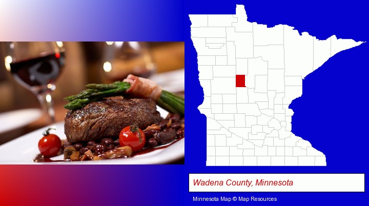 a steak dinner; Wadena County, Minnesota highlighted in red on a map