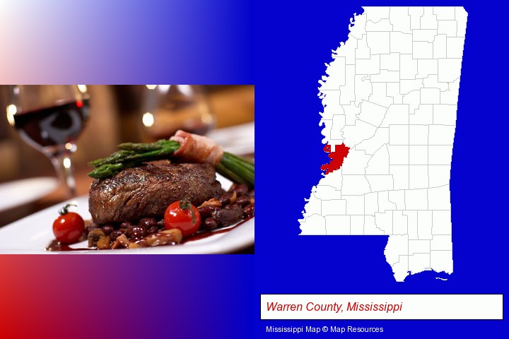 a steak dinner; Warren County, Mississippi highlighted in red on a map