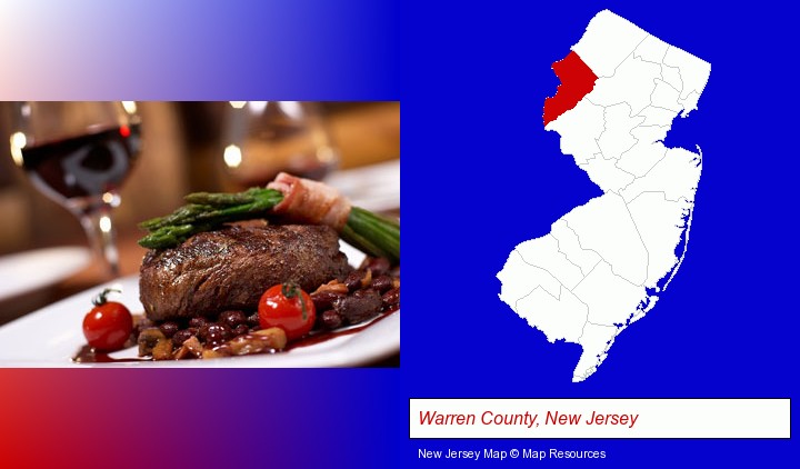 a steak dinner; Warren County, New Jersey highlighted in red on a map