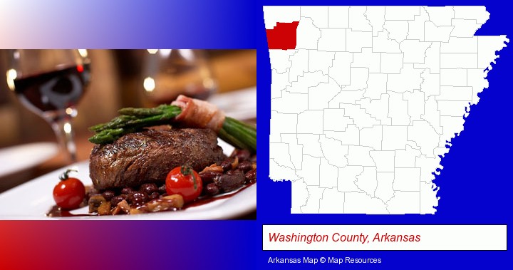 a steak dinner; Washington County, Arkansas highlighted in red on a map
