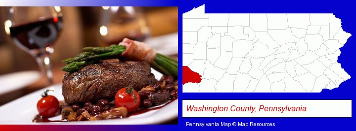 a steak dinner; Washington County, Pennsylvania highlighted in red on a map