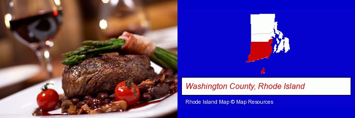 a steak dinner; Washington County, Rhode Island highlighted in red on a map