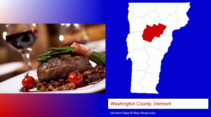 a steak dinner; Washington County, Vermont highlighted in red on a map