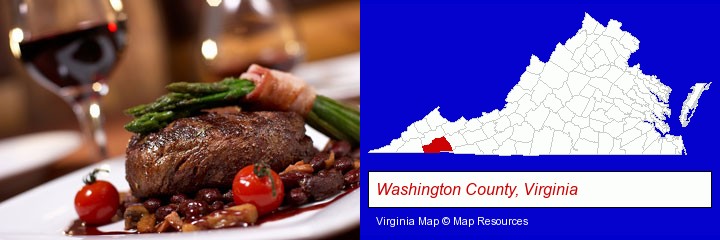a steak dinner; Washington County, Virginia highlighted in red on a map