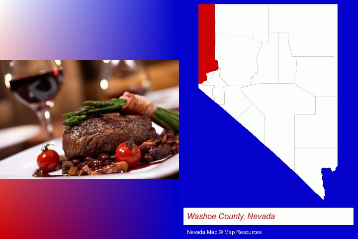 a steak dinner; Washoe County, Nevada highlighted in red on a map