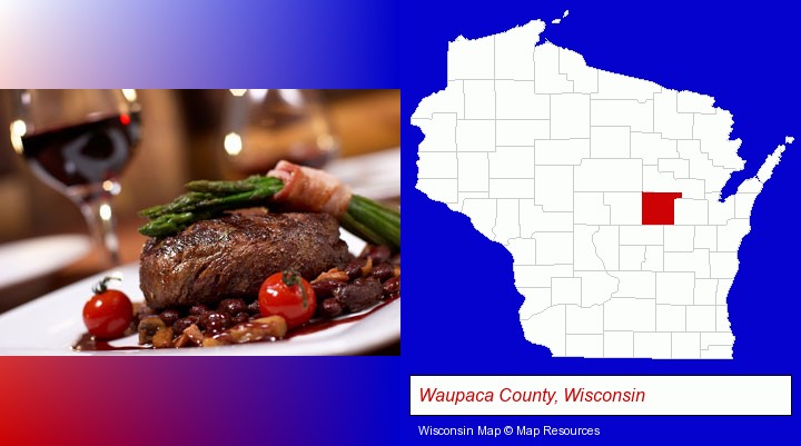 a steak dinner; Waupaca County, Wisconsin highlighted in red on a map
