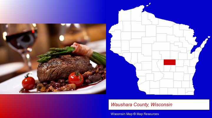 a steak dinner; Waushara County, Wisconsin highlighted in red on a map