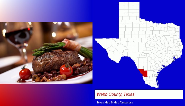 a steak dinner; Webb County, Texas highlighted in red on a map