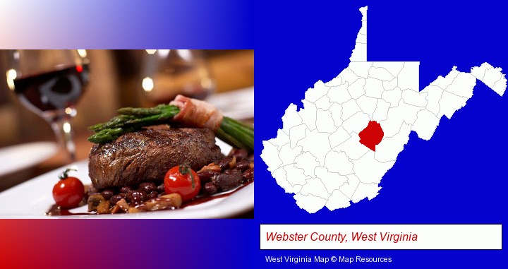 a steak dinner; Webster County, West Virginia highlighted in red on a map