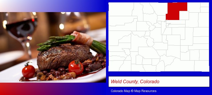 a steak dinner; Weld County, Colorado highlighted in red on a map