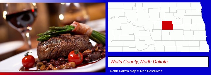 a steak dinner; Wells County, North Dakota highlighted in red on a map
