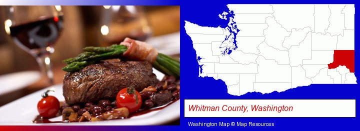 a steak dinner; Whitman County, Washington highlighted in red on a map
