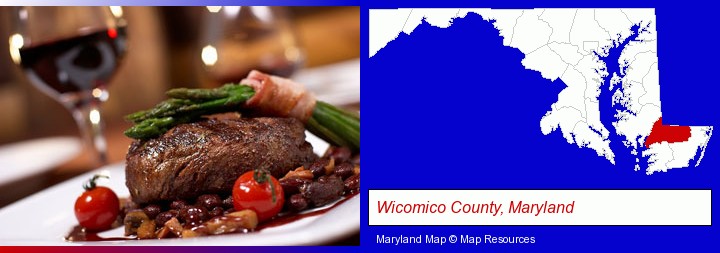 a steak dinner; Wicomico County, Maryland highlighted in red on a map