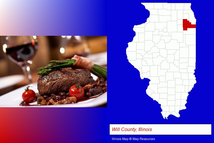 a steak dinner; Will County, Illinois highlighted in red on a map