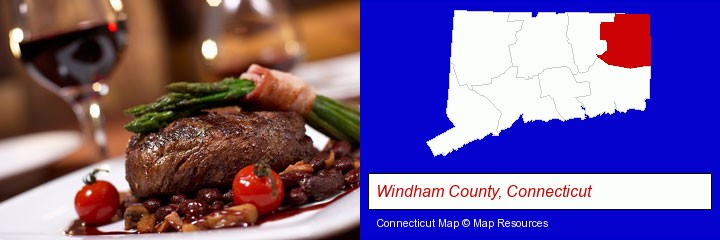a steak dinner; Windham County, Connecticut highlighted in red on a map