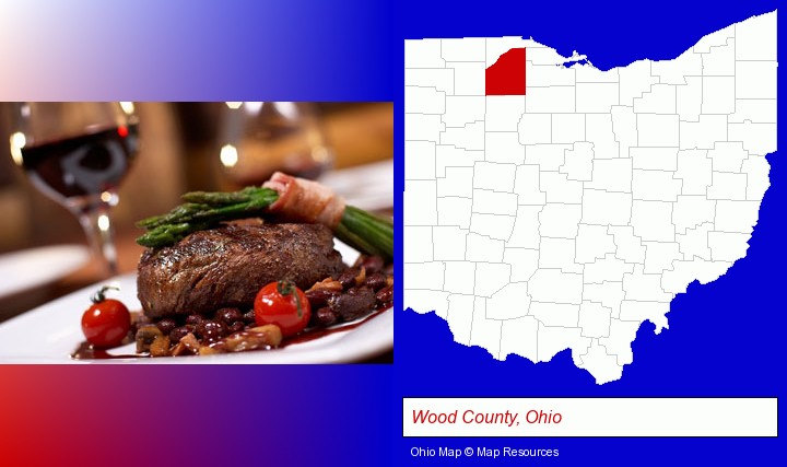 a steak dinner; Wood County, Ohio highlighted in red on a map