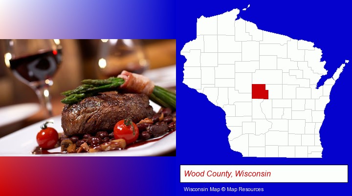a steak dinner; Wood County, Wisconsin highlighted in red on a map
